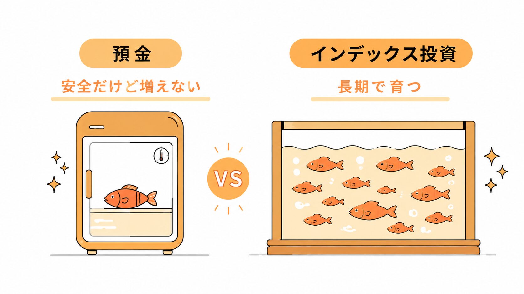 預金（冷蔵庫）とインデックス投資（生簀）の比較イラスト