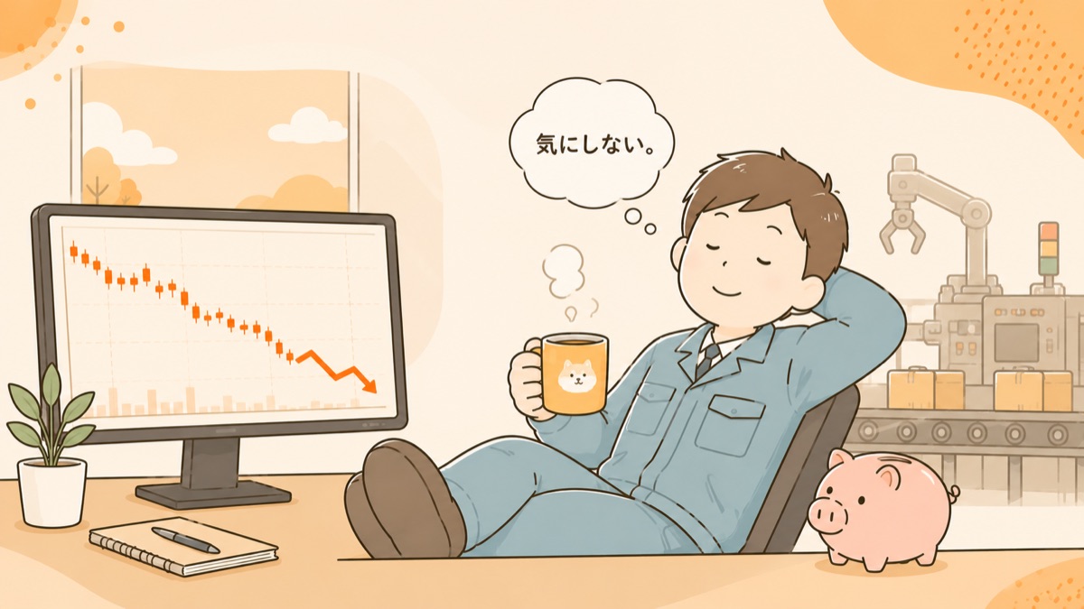 株価が下がっても気にしないと書かれた吹き出しの下でお茶を飲んでくつろぐ作業服の男性
