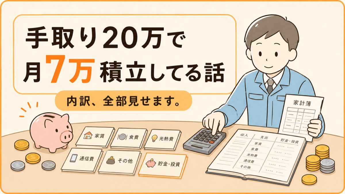 手取り20万で月7万積立してる話 内訳、全部見せます。家計簿と電卓を前にお金を仕分けする作業服の男性